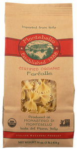 PASTA MONTEBELLO FARFALLE ORGANIC   16OZ  '15532101101