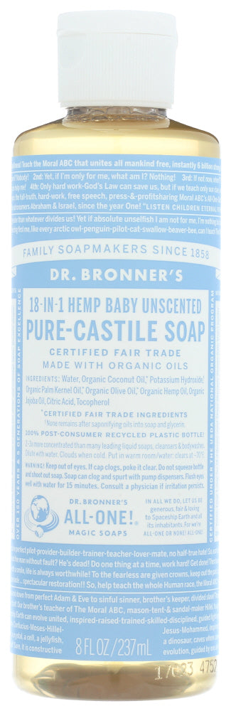 BABY UNSCENTED PURE-CASTILE LIQUID SOAP DR. BRONNER'S PURE-CASTILE BABY UNSCENTED SOAP, 8 FL. OZ. '018787772089