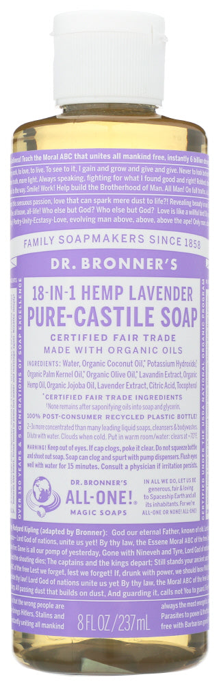 LAVENDER PURE-CASTILE LIQUID SOAP DR. BRONNER'S PURE-CASTILE HEMP LAVENDER SOAP, 8 FL. OZ. '018787774083