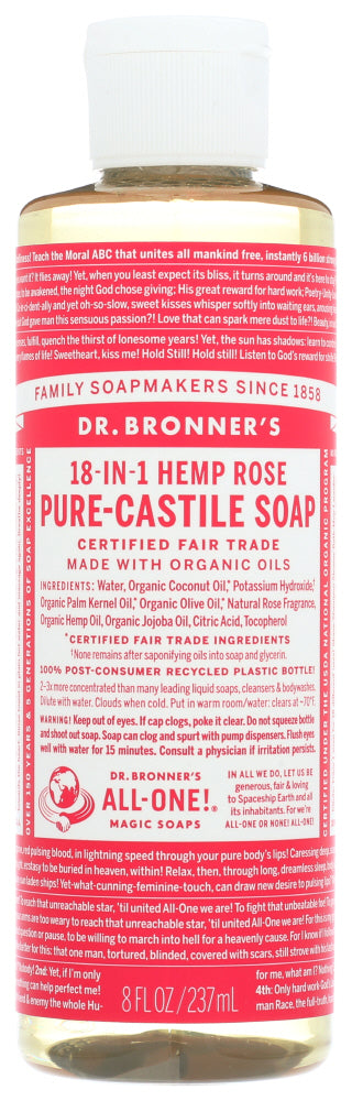 ROSE PURE-CASTILE LIQUID SOAP DR. BRONNER'S 18-IN-1 HEMP ROSE PURE-CASTILE SOAP, 8 OZ. '018787778081