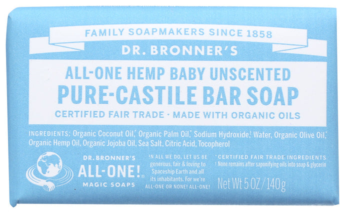 BABY UNSCENTED PURE-CASTILE BAR SOAP DR. BRONNER’S PURE-CASTILE HEMP UNSCENTED BABY SOAP, 5 OZ. '018787782057
