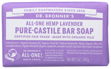 LAVENDER PURE-CASTILE BAR SOAP DR. BRONNER'S ALL-ONE HEMP LAVENDER PURE CASTILE BAR SOAP, 5 OZ. '018787784051