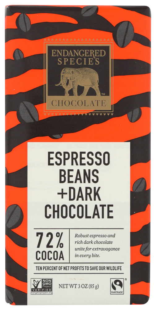 CHOCOLATE BAR ENDANGERED SPECIES ESPRESSO DARK 72%   3 OZ  '37014242232