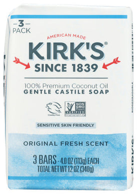 GENTLE CASTILE BAR SOAP KIRK'S ORIGINAL FRESH SCENT 100% PREMIUM COCONUT OIL GENTLE CASTILLE SOAP, 3 COUNT '639844100081