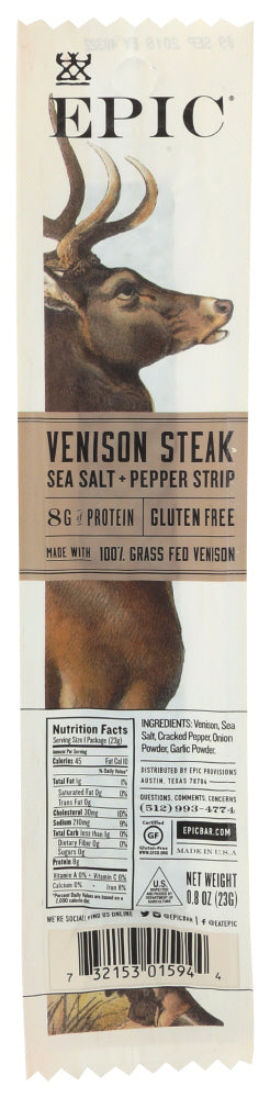 VENISON STEAK STRIP EPIC SEA SALT + PEPPER STRIP VENISON STEAK JERKY, 0.8 OZ.  '732153015944