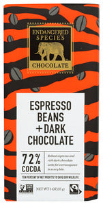 CHOCOLATE BAR ENDANGERED SPECIES ESPRESSO DARK 72%   3 OZ  '37014242232